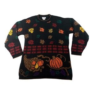 JE Pierce Sweater Men S Black Fall Leaves Pumpkin Cornucopia USA Made Harvest